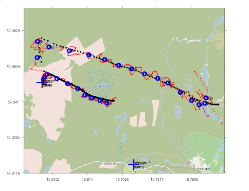 On-Board-GPS-Positionen, Rot: TDoA-Lösung, Blau: Gemittelte TDoA-Lösungen
